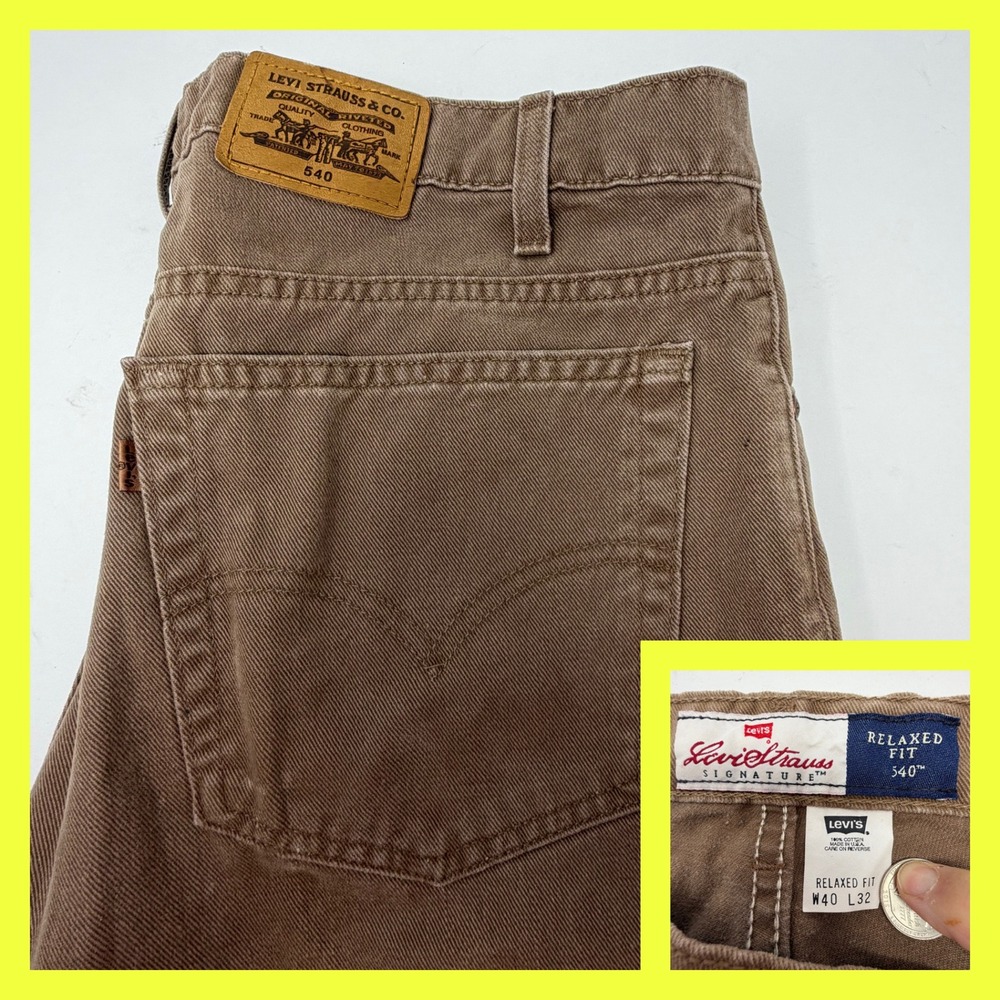 VTG 90s Levis 540 Relaxed Fit‎ Jeans Brown Tab Made in USA 40x33 Khaki Denim